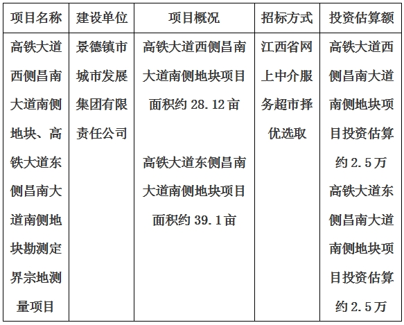 景德鎮(zhèn)市高鐵大道西側(cè)昌南大道南側(cè)地塊、高鐵大道東側(cè)昌南大道南側(cè)地塊勘測(cè)定界宗地測(cè)量項(xiàng)目計(jì)劃公告