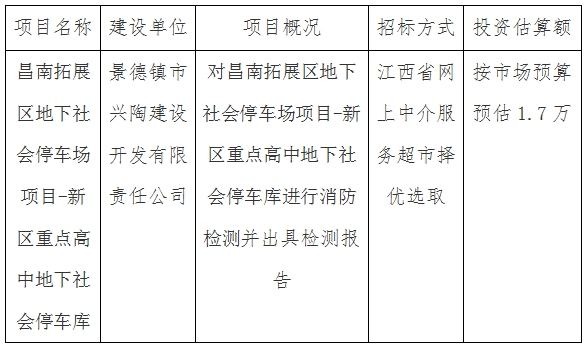 昌南拓展區(qū)地下社會(huì)停車場(chǎng)項(xiàng)目-新區(qū)重點(diǎn)高中地下社會(huì)停車庫(kù)消防檢測(cè)計(jì)劃公告